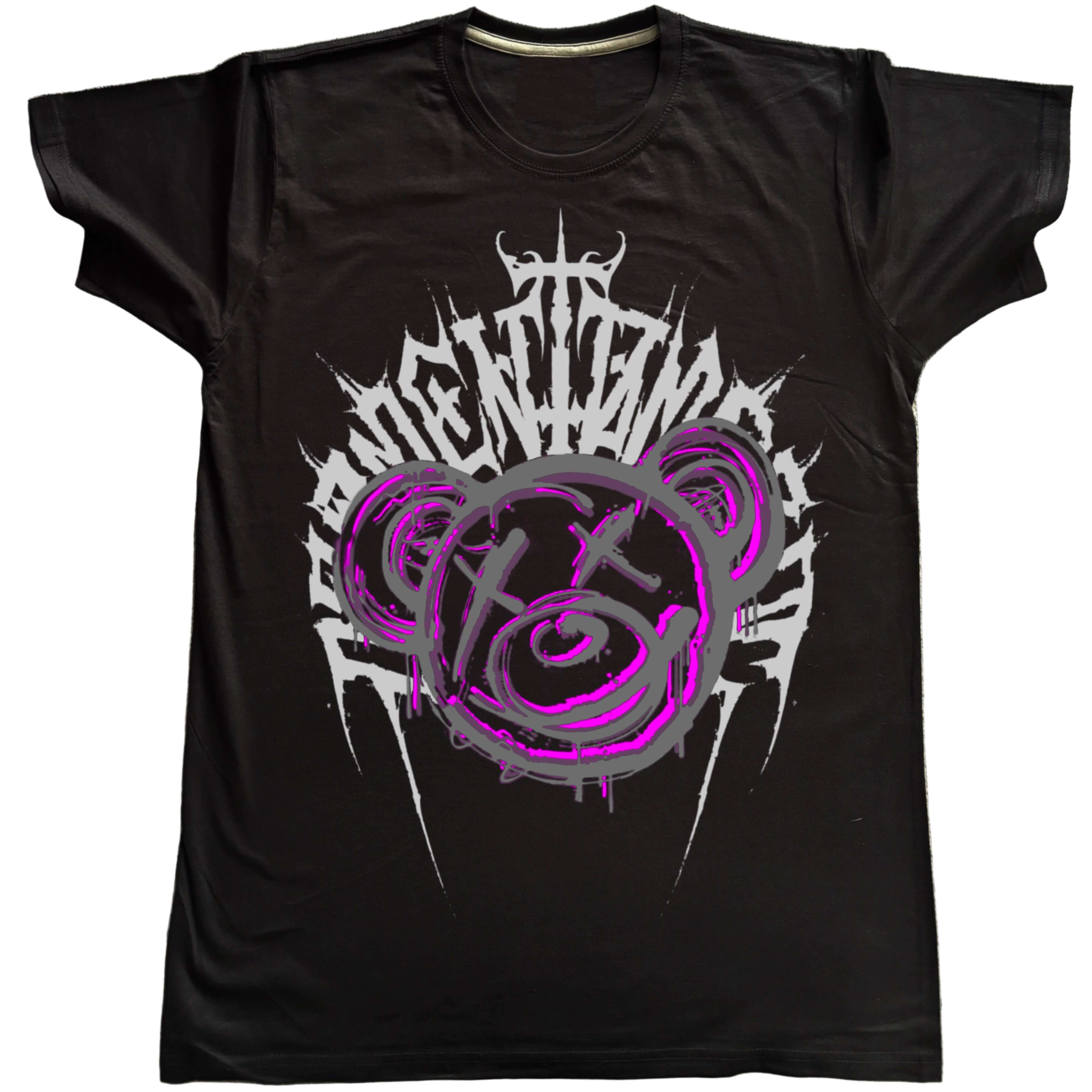 Тениска Лошия Лилав Мечок с уникален лилав печат на черен фон, идеална за парти или бурна вечер.