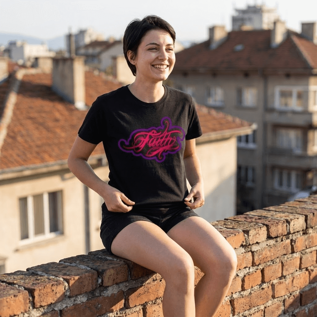 Модел в черна тениска Вяра Faith, усмихнат на покрив в градска среда