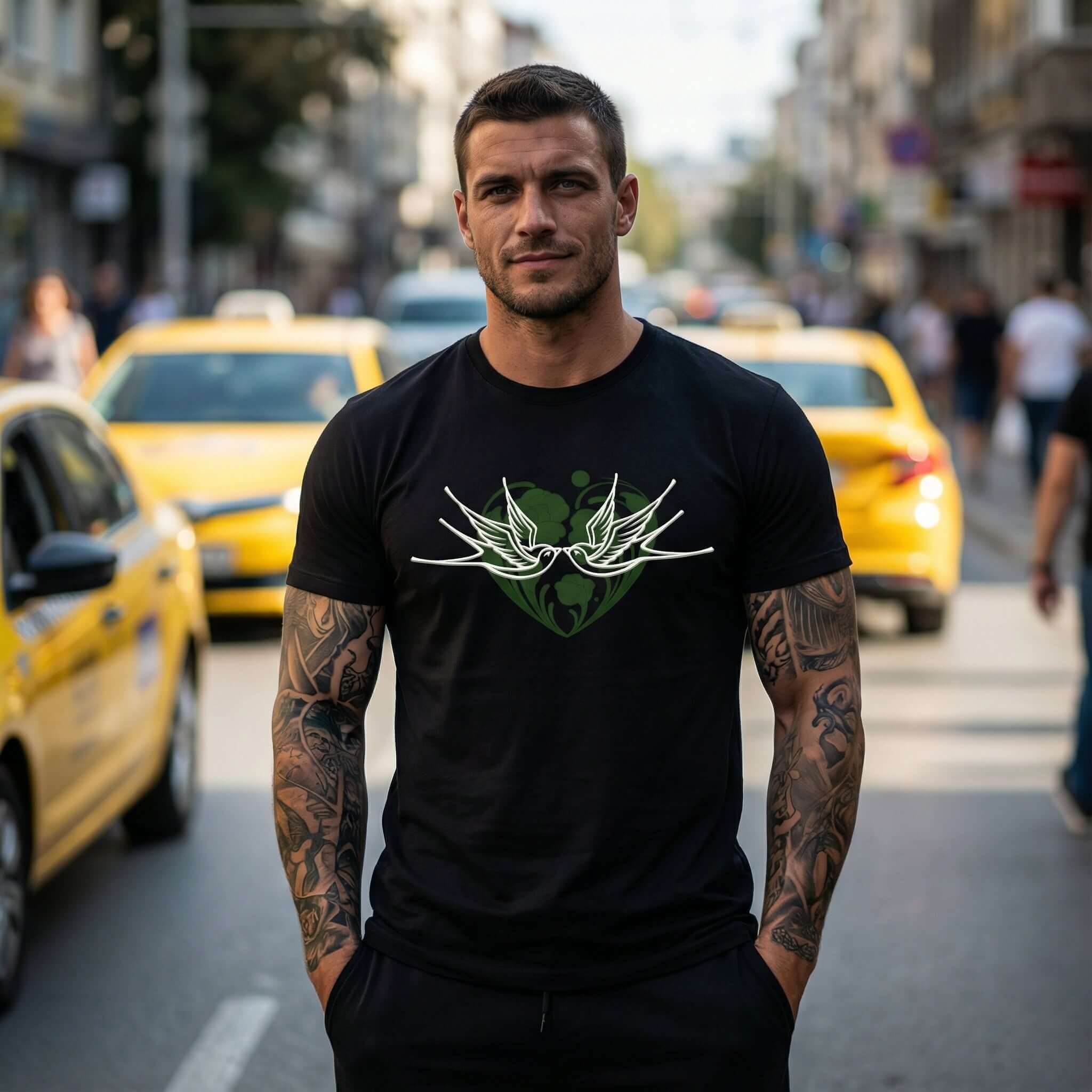 Тениска Двойка Щастие с черен фон и зелени детайли, изобразяваща лястовици на мъж в градска среда.