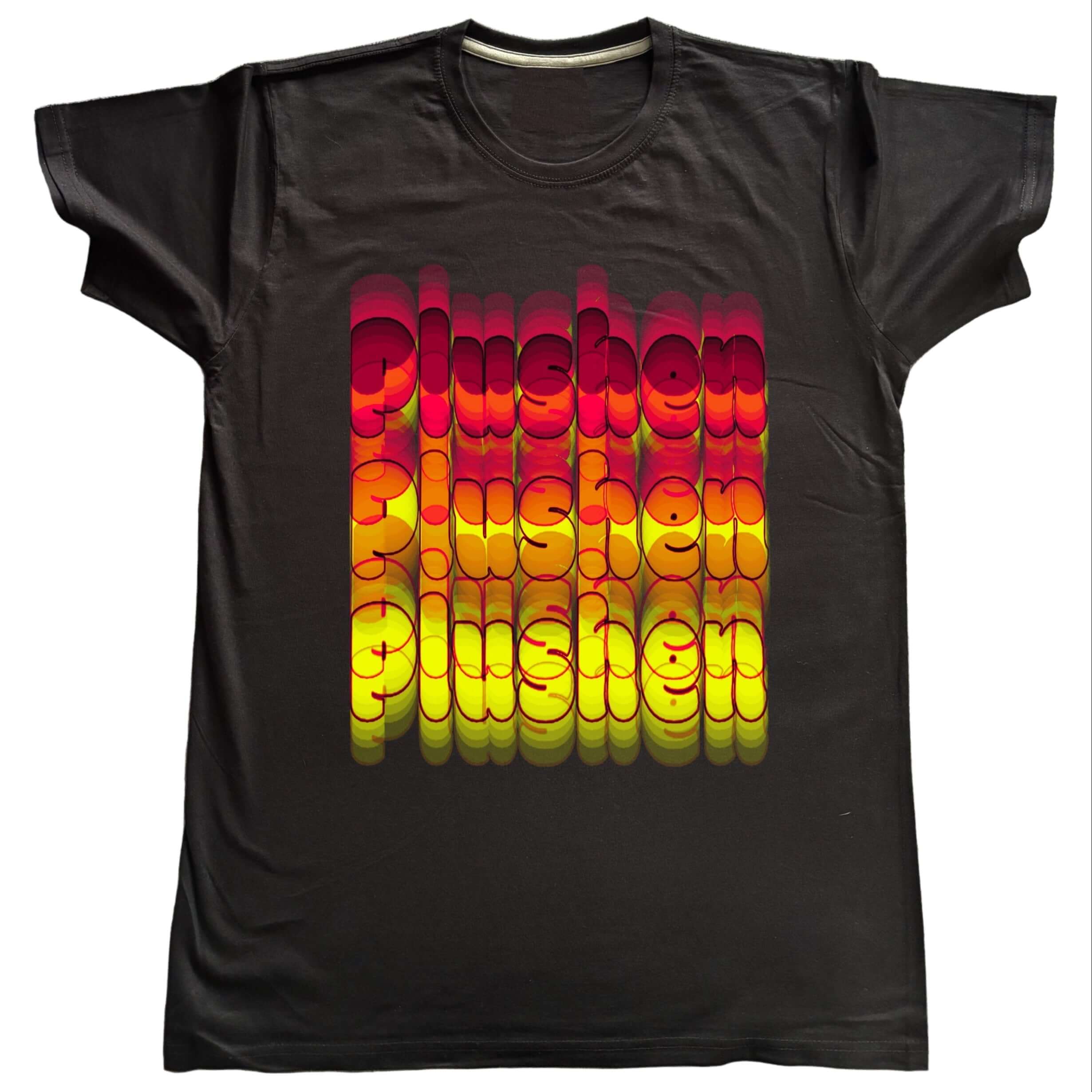 Black t-shirt with 'Plushen' text in red, orange, and yellow on a white background