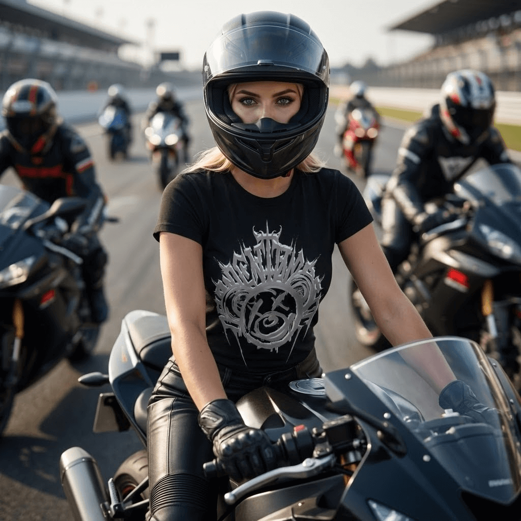 Жена на мотор в тениска Лошия Бял Мечок с група мотоциклисти на писта.