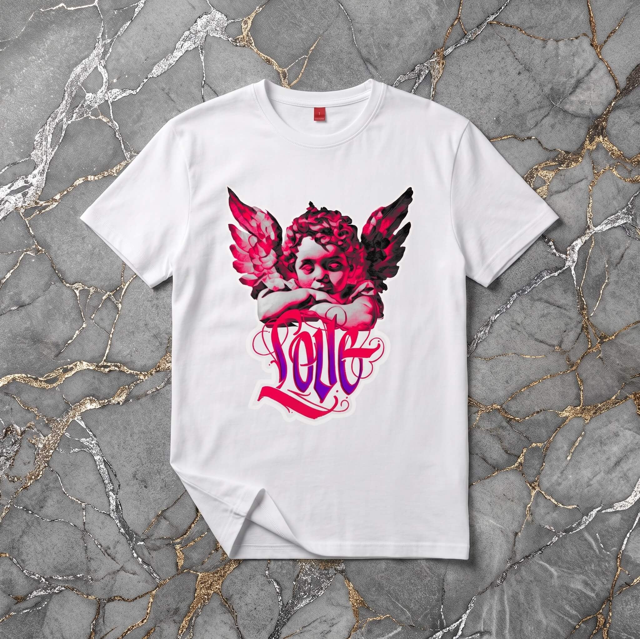 Бяла Унисекс Премиум Тениска Plushen 100% Еко Памук Сито Печат Ангел Любов White Unisex Premium T-Shirt Plushen 100% Eco Cotton Screen Print Angel Love