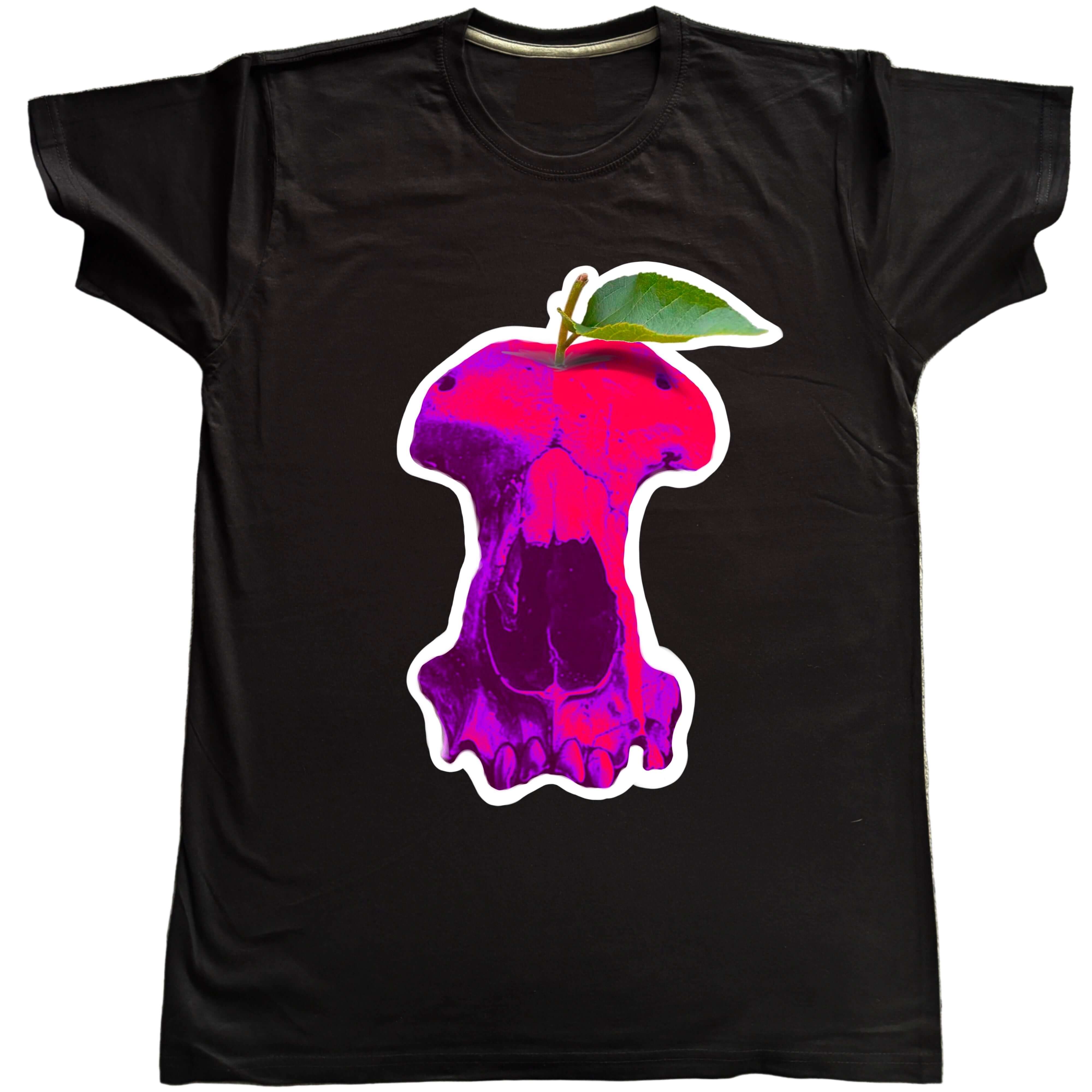 Black t-shirt with a colorful skull apple graphic on a textured surface