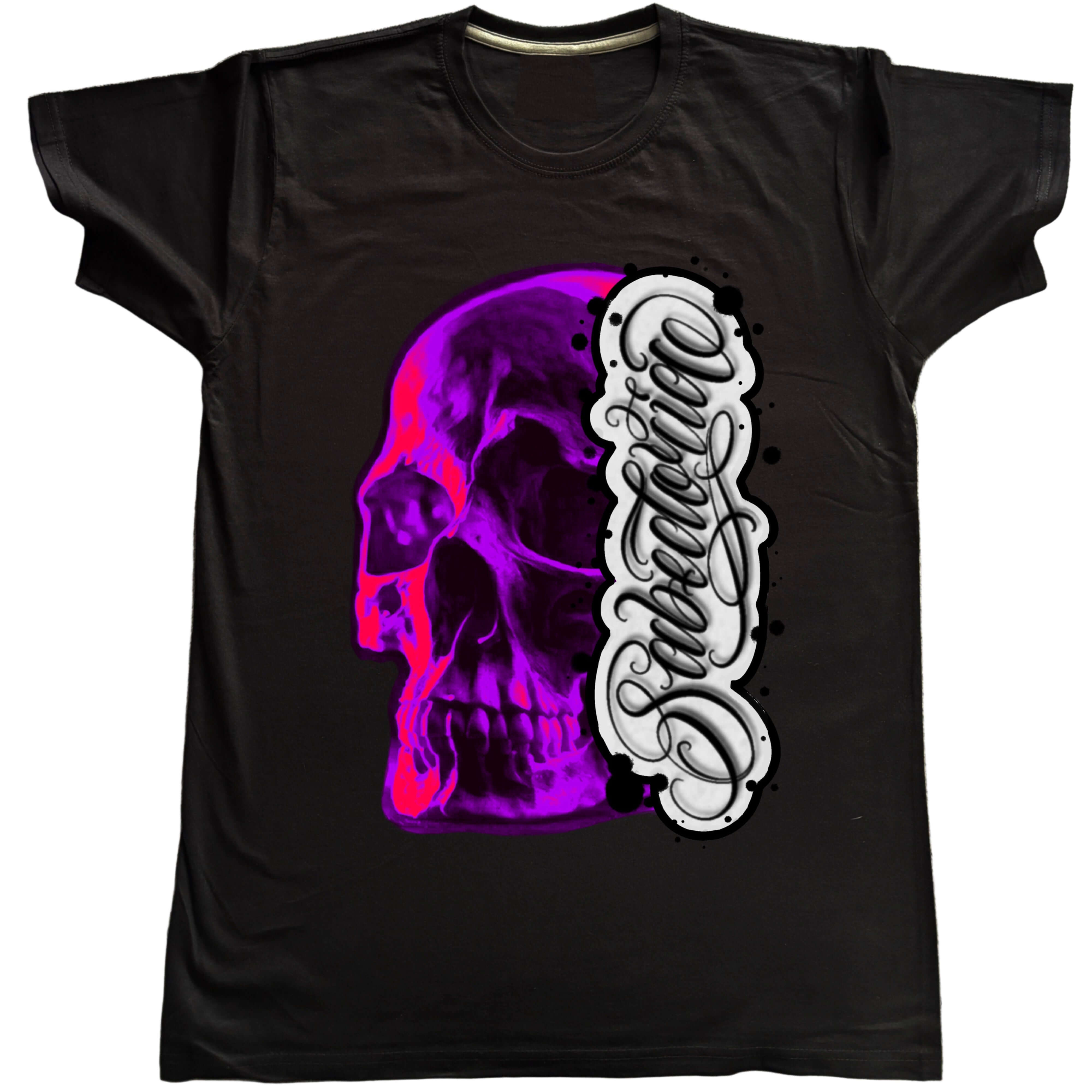 Black t-shirt with a colorful skull and bone design on a white background