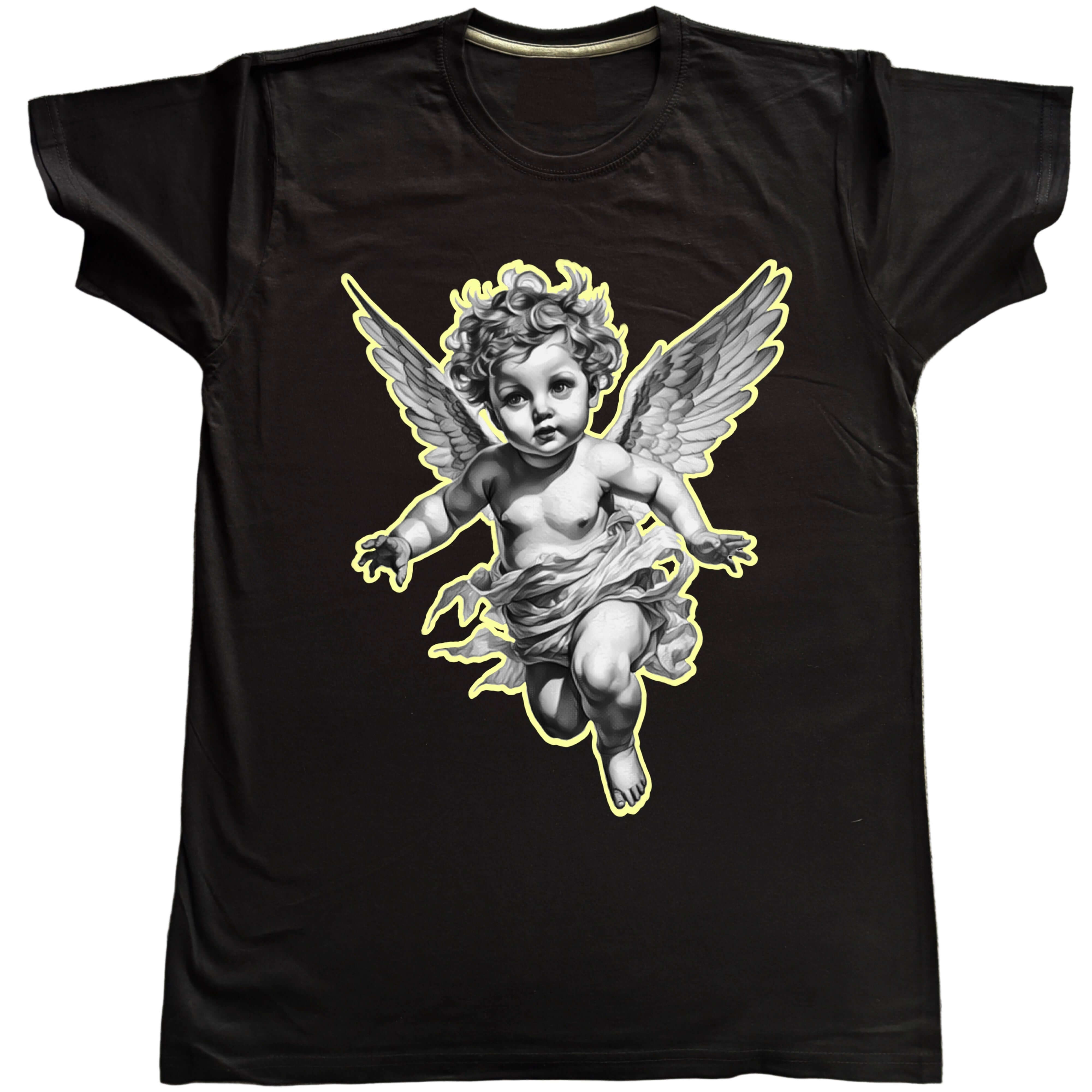 Двойка Ангели - 15% ОТСТЪПКА, черна тениска с ангелски мотив и криле, уникален дизайн за стил и елегантност.
