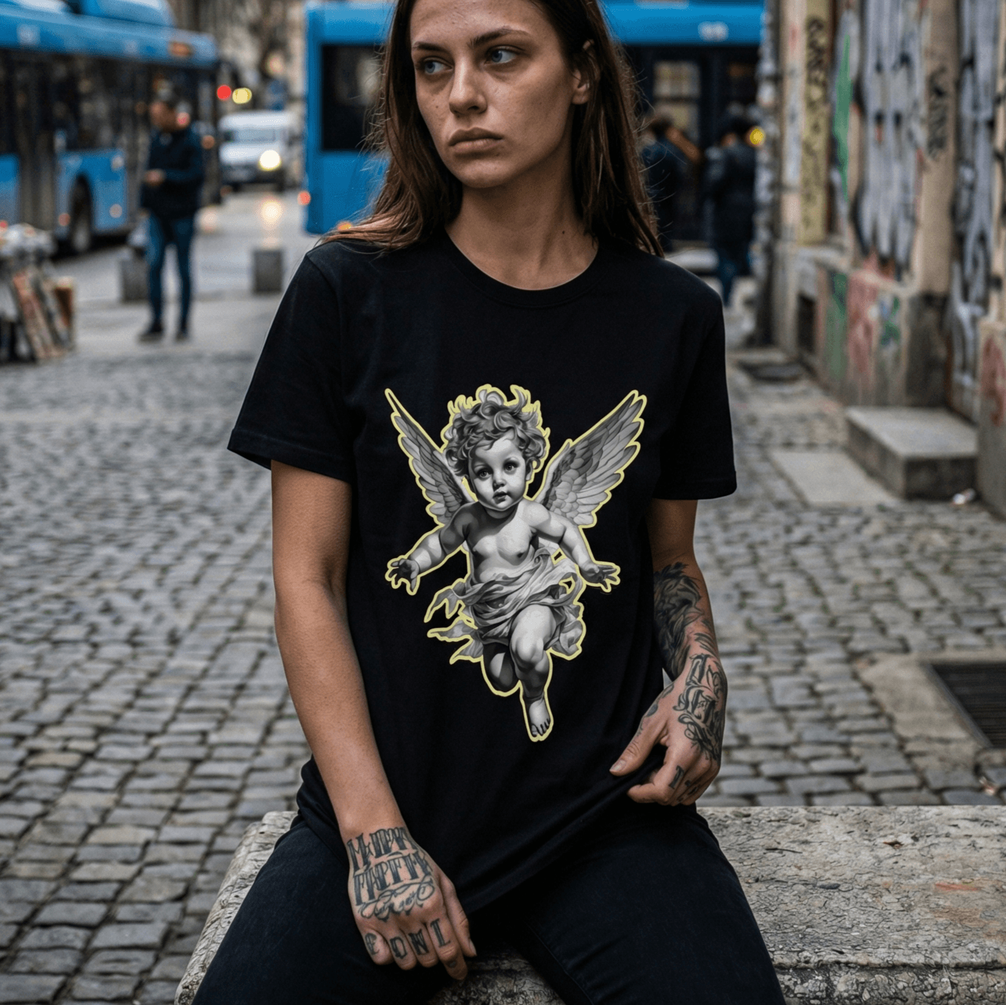 Черна Унисекс Премиум Тениска Plushen 100% Еко Памук Сито Печат Ангел Любов Black Unisex Premium T-Shirt Plushen 100% Eco Cotton Screen Print Angel