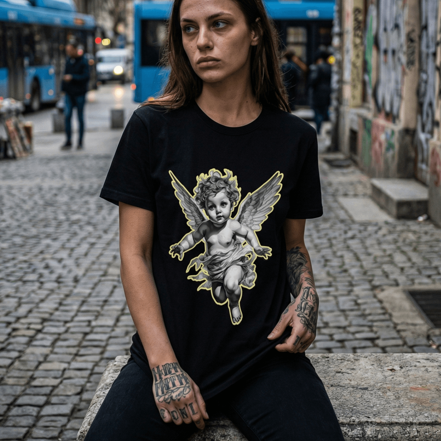 Черна Унисекс Премиум Тениска Plushen 100% Еко Памук Сито Печат Ангел Любов Black Unisex Premium T-Shirt Plushen 100% Eco Cotton Screen Print Angel