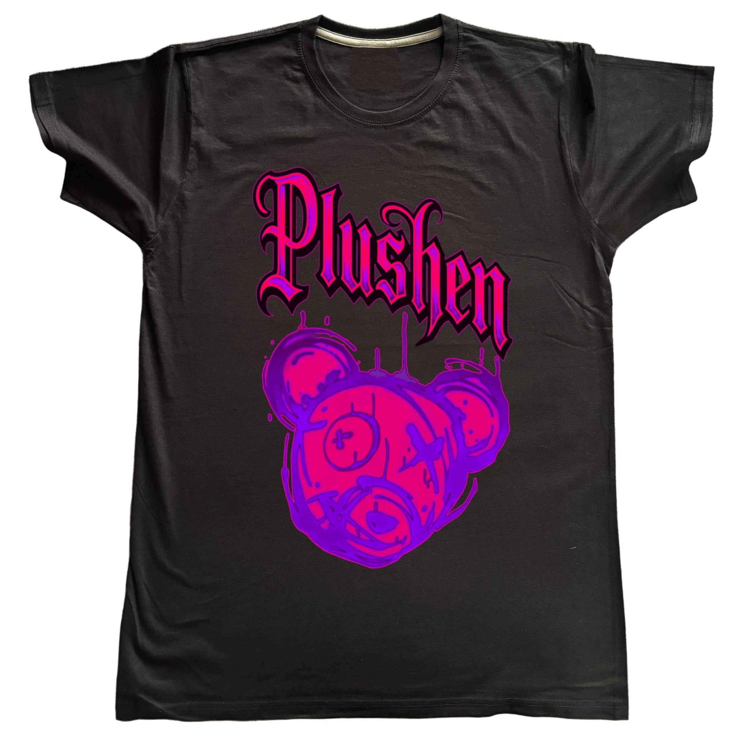 Black t-shirt with 'Plushen' logo featuring a purple bear design on a textured surface.
