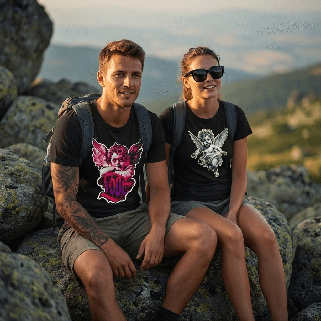 Двойка Ангели - 15% ОТСТЪПКА: двойка облечена с тениски с ангелски мотиви на фона на природата.