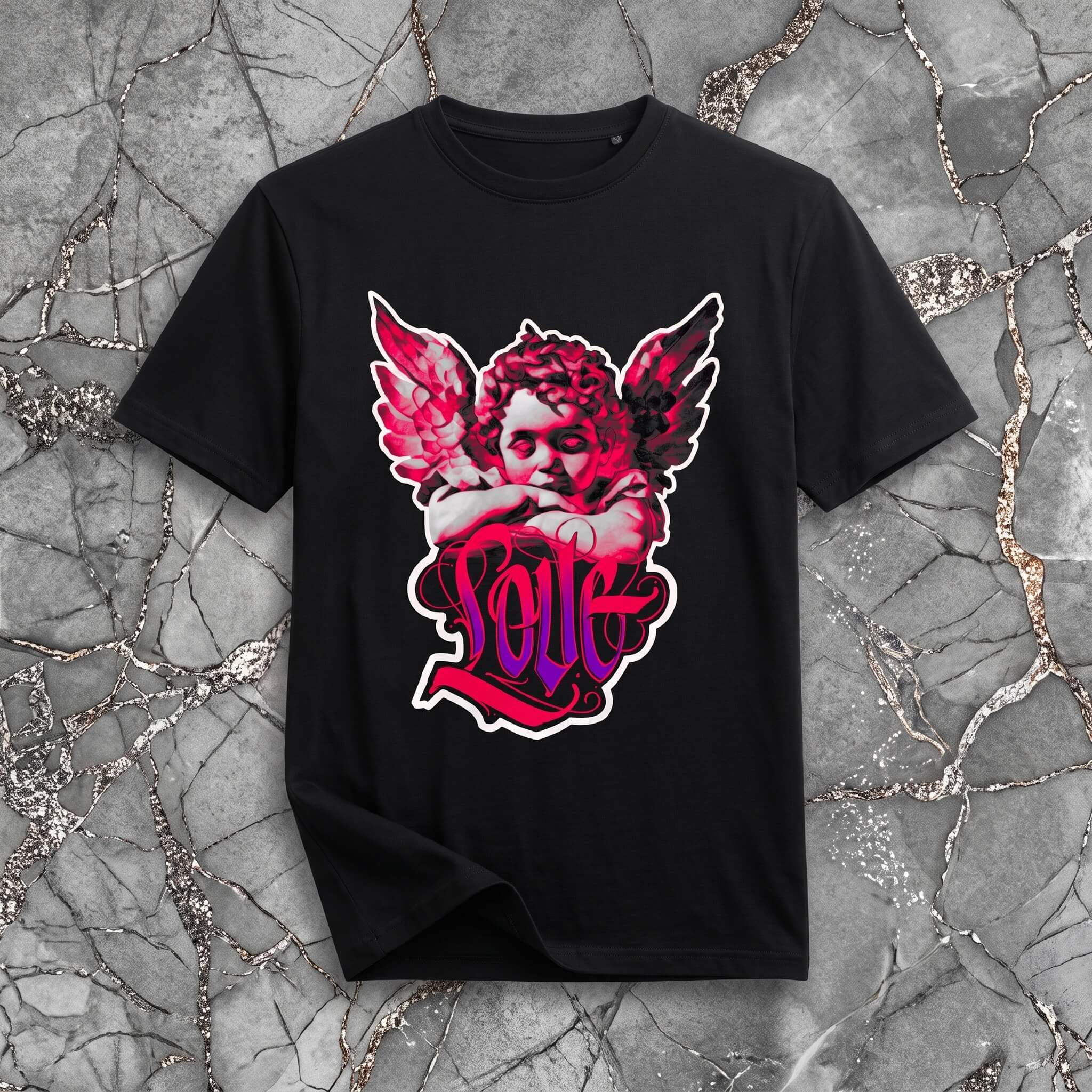 Черна Унисекс Премиум Тениска Plushen 100% Еко Памук Сито Печат Ангел Любов Black Unisex Premium T-Shirt Plushen 100% Eco Cotton Screen Print Angel Love