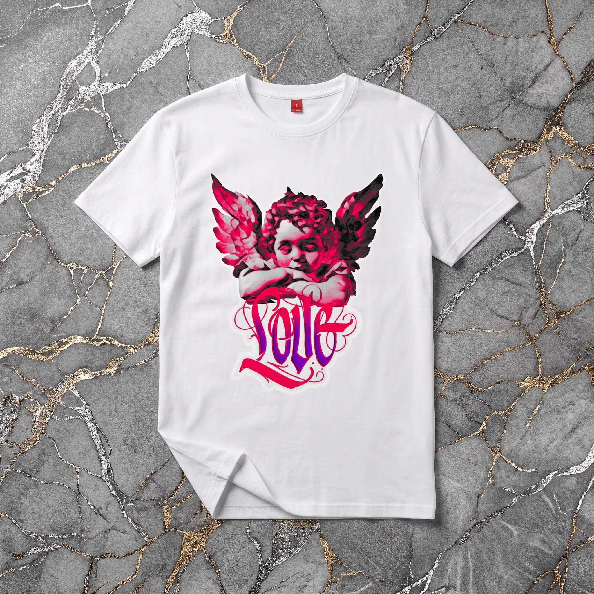 Бяла Унисекс Премиум Тениска Plushen 100% Еко Памук Сито Печат Ангел Любов White Unisex Premium T-Shirt Plushen 100% Eco Cotton Screen Print Angel Love