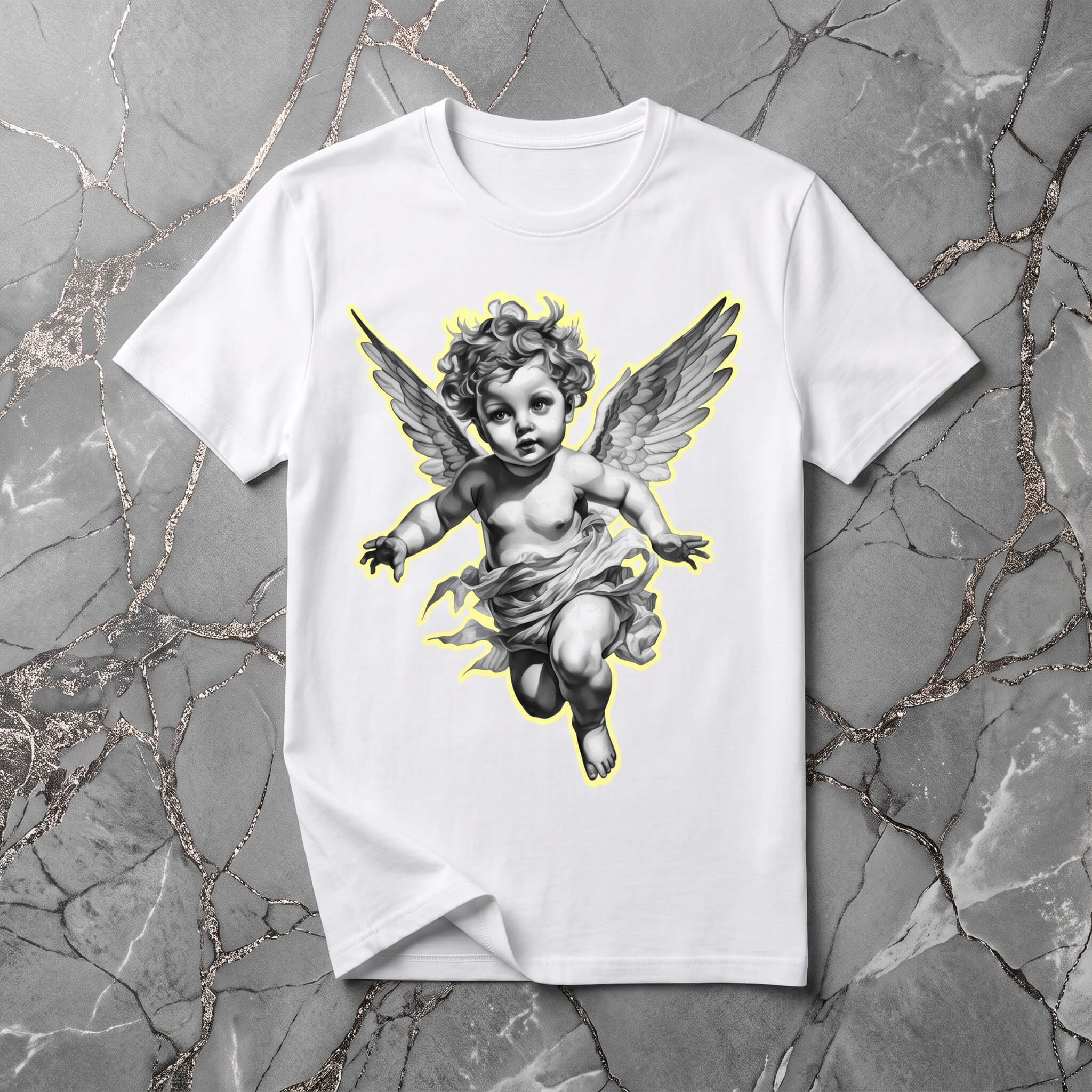 Бяла Унисекс Премиум Тениска Plushen 100% Еко Памук Сито Печат Ангел White Unisex Premium T-Shirt Plushen 100% Eco Cotton Screen Print Angel