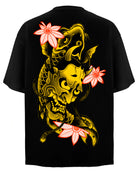 Черна Oversize Тениска плюшен премиум голд еко памук щампа сито печат череп змия промоция Koi Fish Hannya Black T-shirt Premium Gold Plushen
