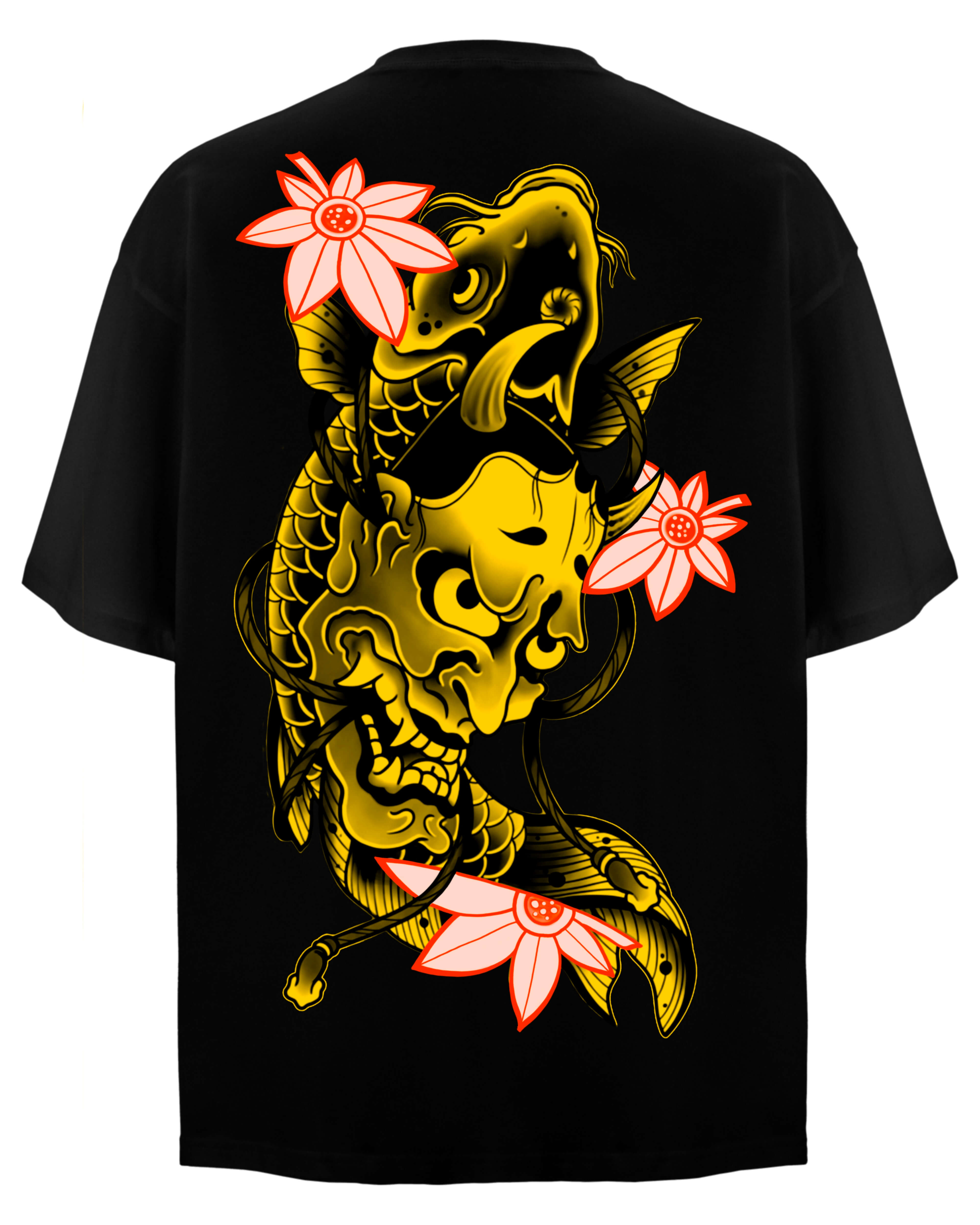 Черна Oversize Тениска плюшен премиум голд еко памук щампа сито печат череп змия промоция Koi Fish Hannya Black T-shirt Premium Gold Plushen
