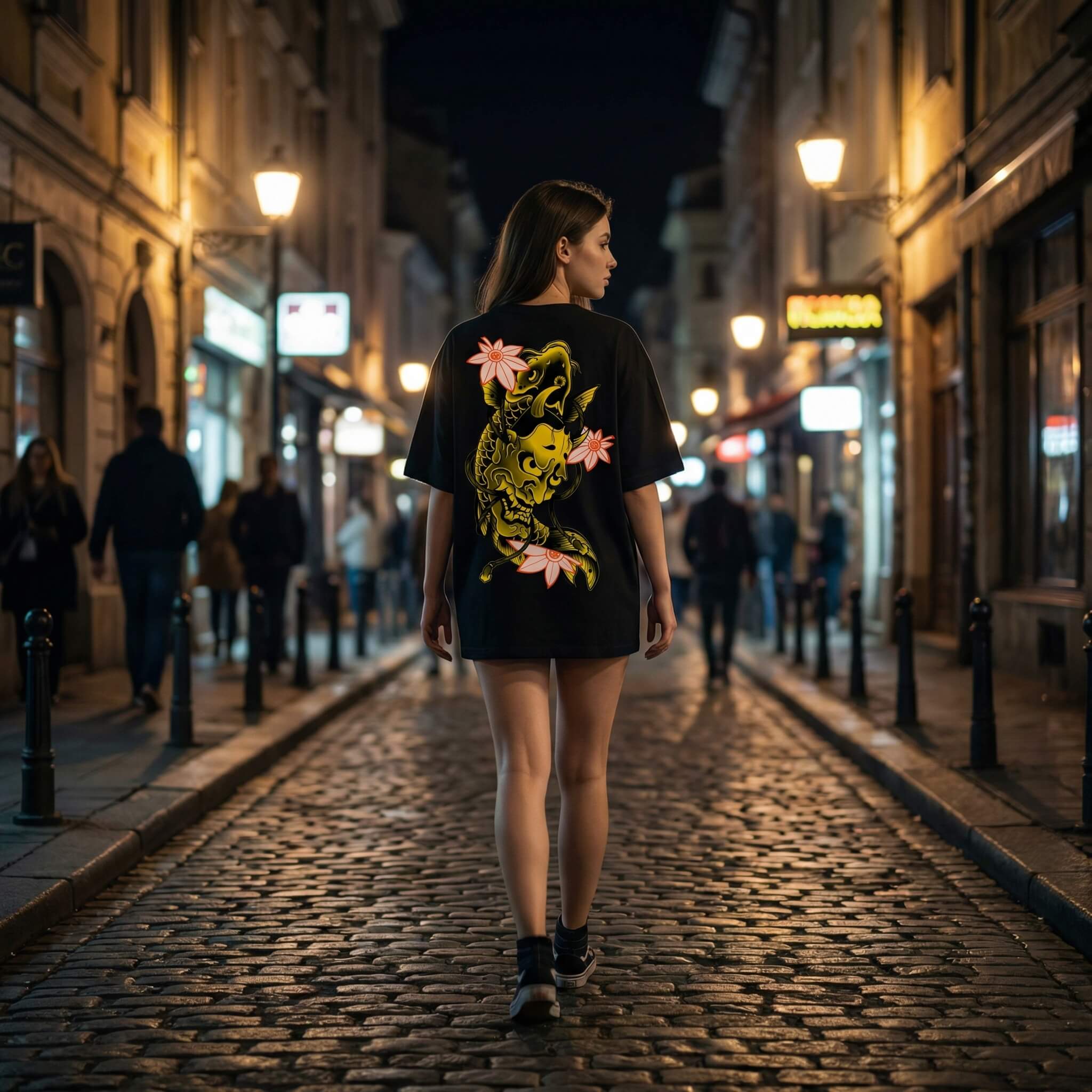 Черна Oversize Унисекс Тениска плюшен премиум голд еко памук щампа сито печат череп змия промоция Koi Fish Hannya Black Unisex T-shirt Premium Gold Plushen