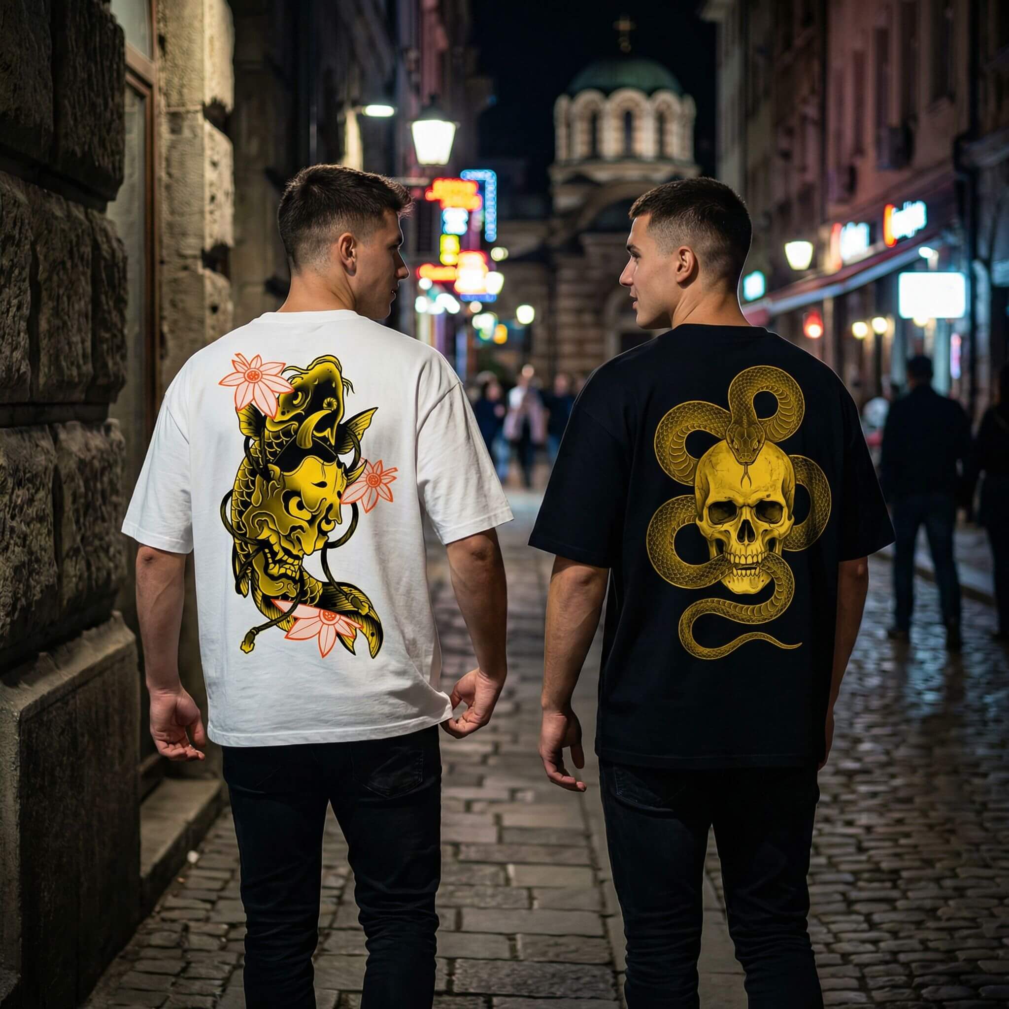 Oversize Унисекс Тениска плюшен премиум голд еко памук щампа сито печат череп змия промоция Koi Fish Hannya Black Unisex T-shirt Premium Gold Plushen Bundle