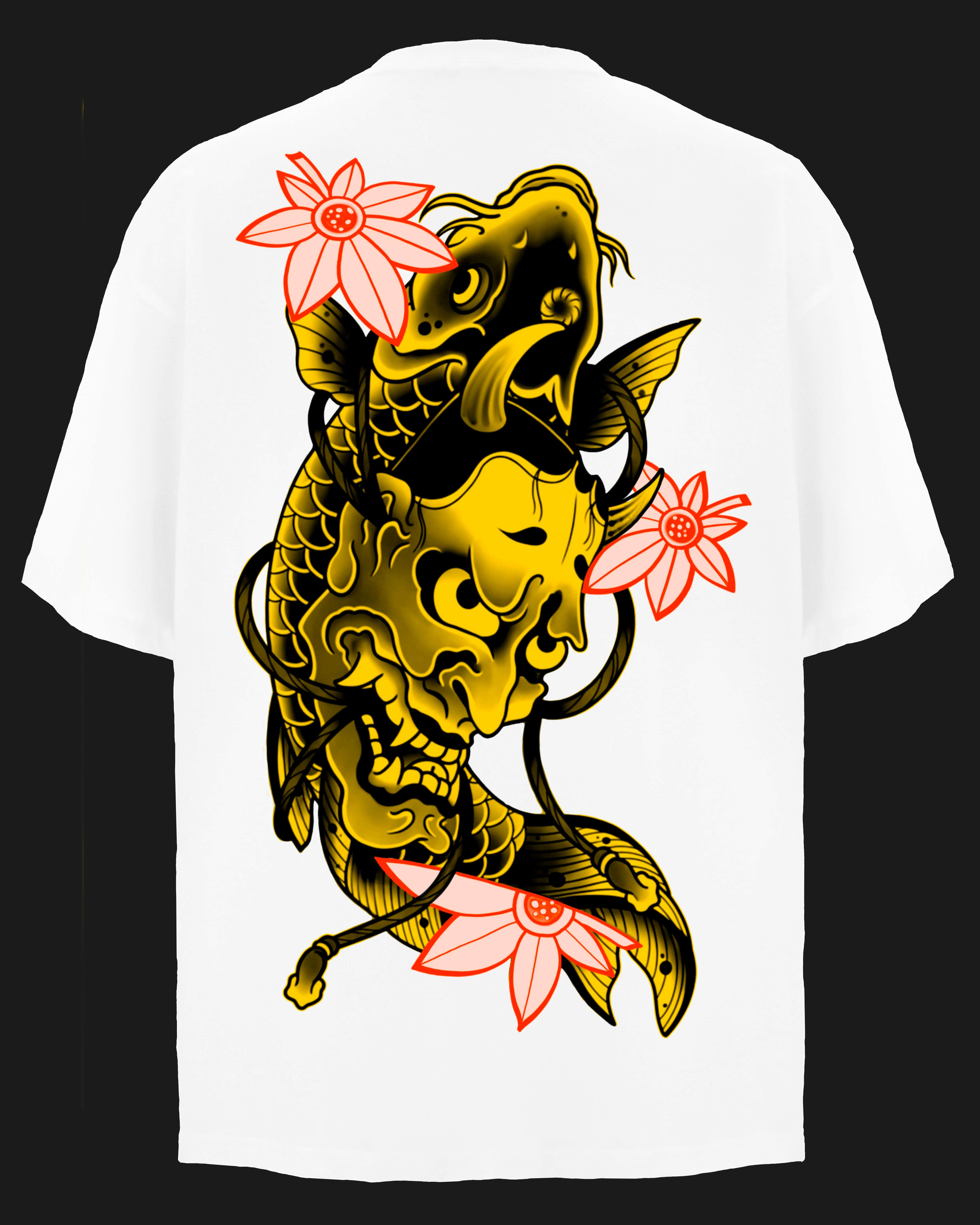 Бяла Тениска Oversize плюшен премиум голд еко памук щампа сито печат череп змия промоция Koi Fish Hannya Premium Gold Plushen