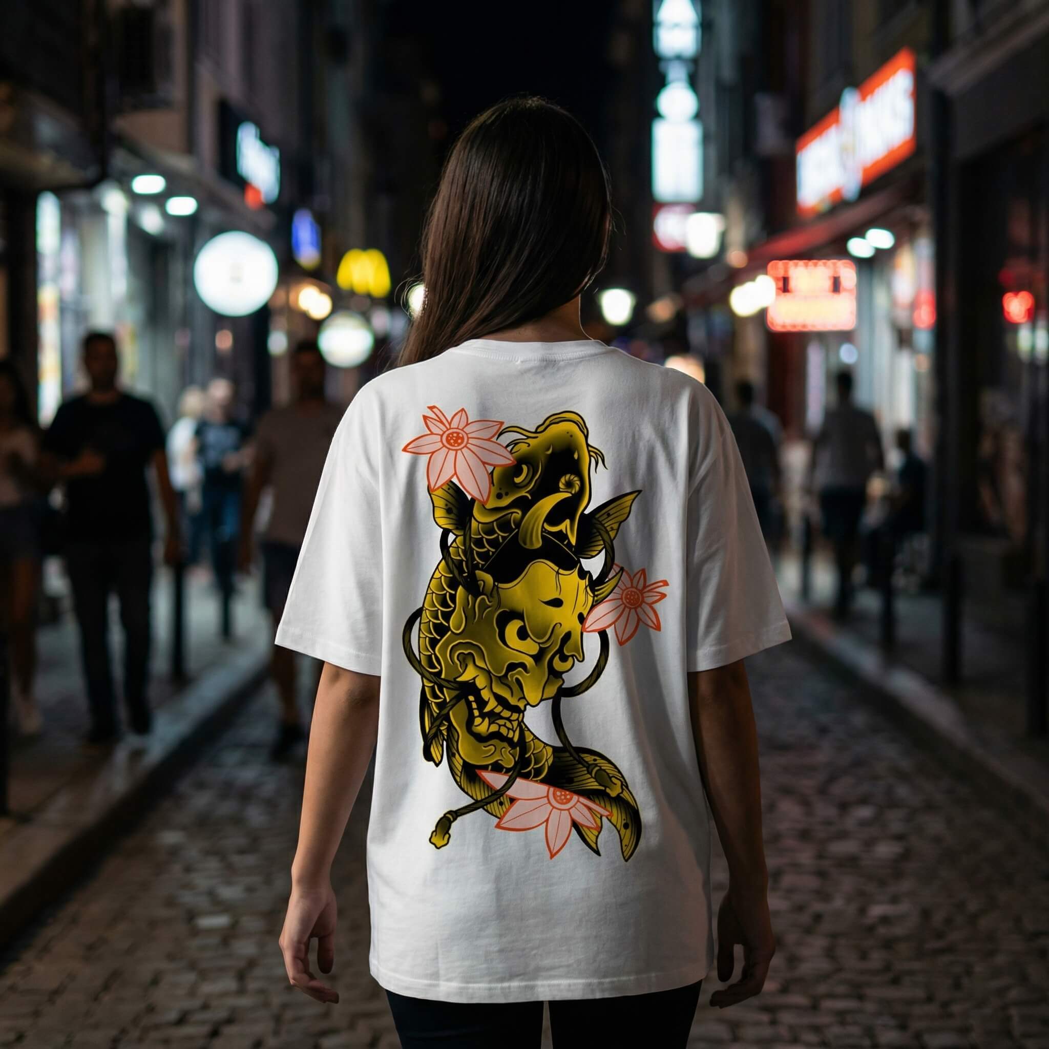 Бяла Oversize Унисекс Тениска плюшен премиум голд еко памук щампа сито печат череп змия промоция Koi Fish Hannya Black Unisex T-shirt Premium Gold Plushen