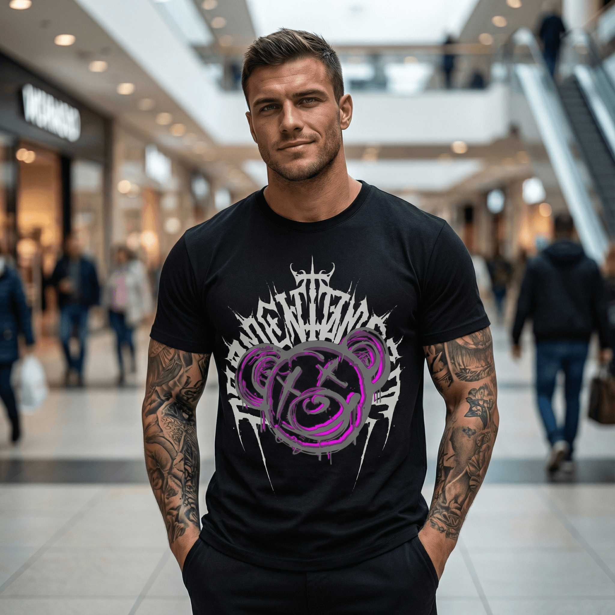 Модел носи тениска Лошия Лилав Мечок в търговски център, с графичен дизайн и стилна визия.