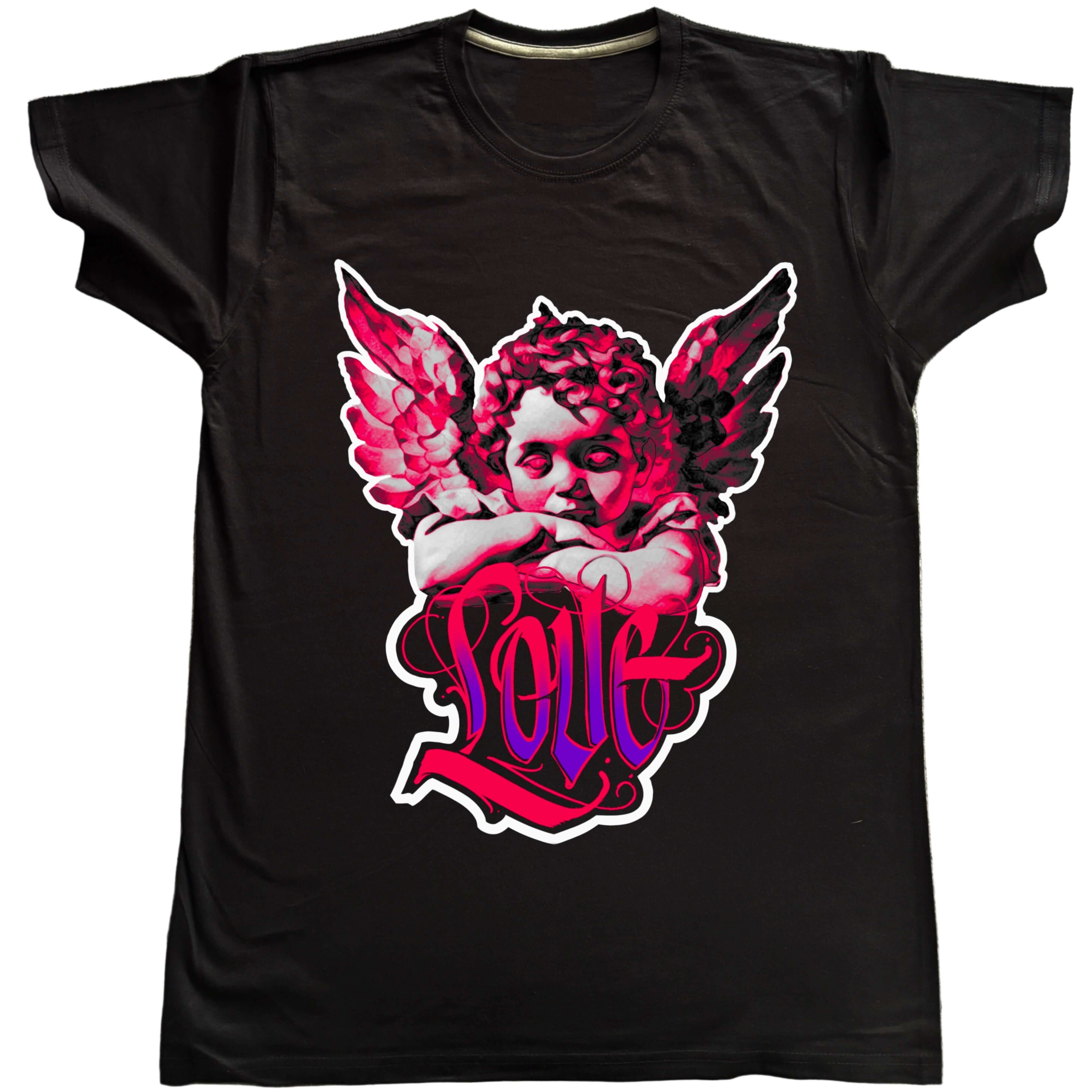 Двойка Ангели - 15% ОТСТЪПКА - черна тениска с графика на ангел и надпис "Любов".