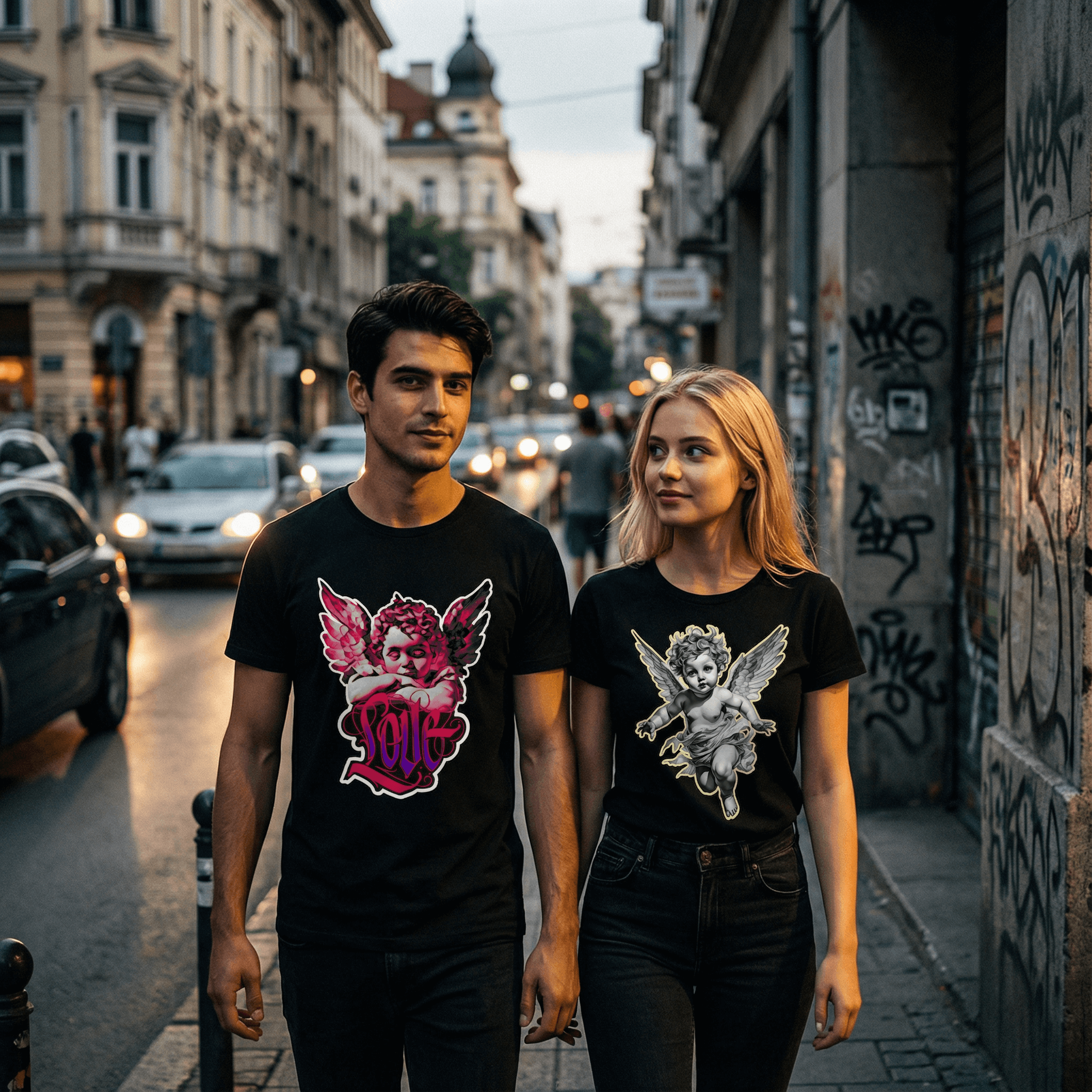 Двойка Ангели - 15% ОТСТЪПКА. Модели в тениски с ангели, разхождащи се по улиците на града.