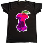 Black t-shirt with a colorful skull apple graphic on a textured surface
