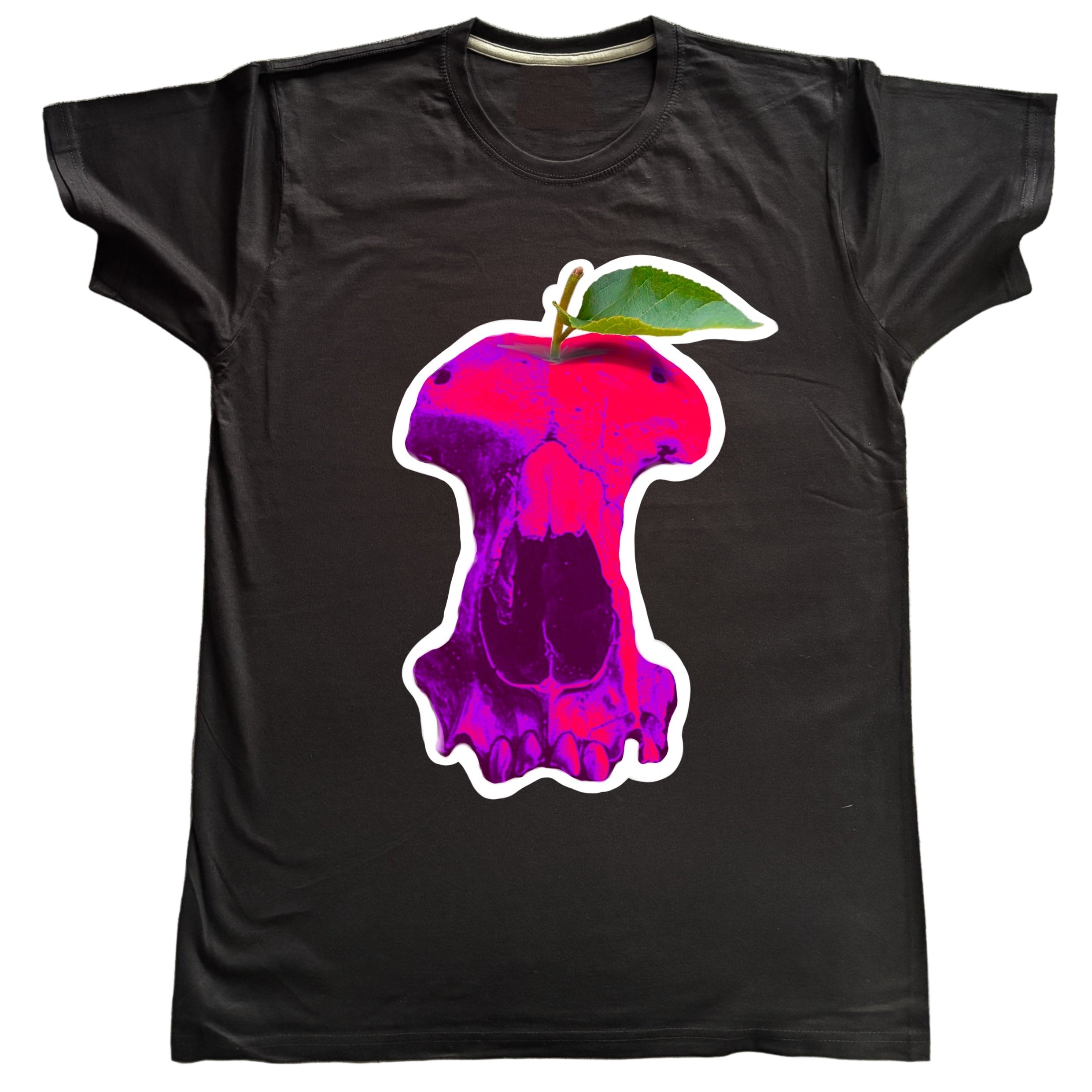 Black t-shirt with a colorful skull apple graphic on a textured surface

