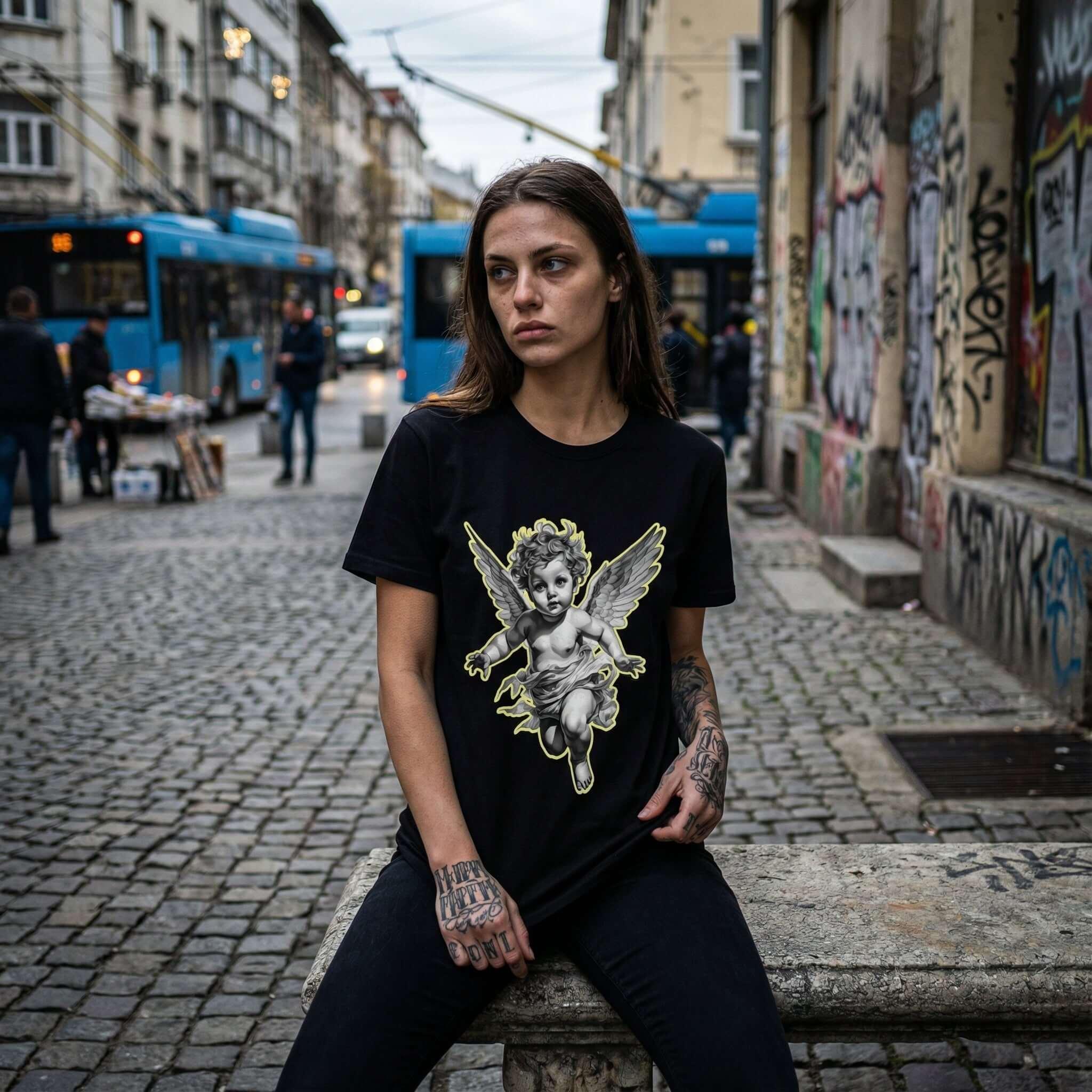 Черна Унисекс Премиум Тениска Plushen 100% Еко Памук Сито Печат Ангел Любов Black Unisex Premium T-Shirt Plushen 100% Eco Cotton Screen Print Angel