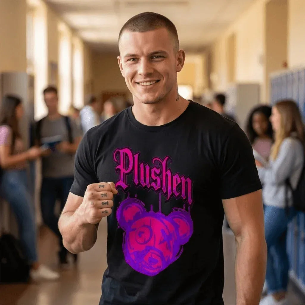 Унисекс Премиум Тениски Plushen Purple Bear 100% Еко Памук Сито Печат Black Unisex Premium T-Shirt Plushen 100% Eco Cotton Screen Print